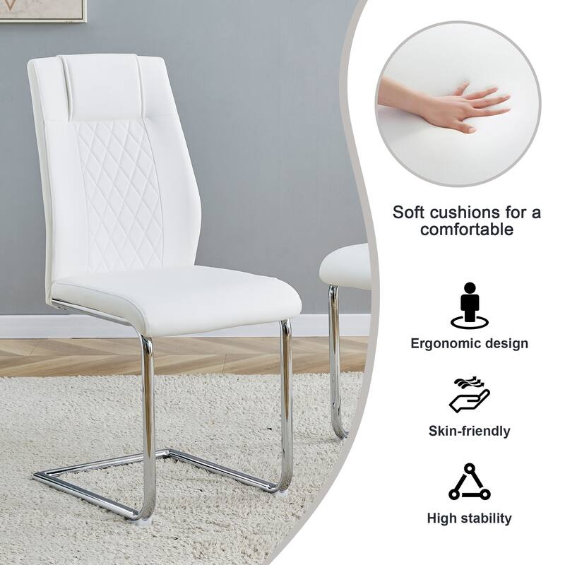 Kitchen Rectangle Dining Table Set for 4, 63" Faux Marble Glass Table with Stainless Steel Legs and PU Upholstered Chairs