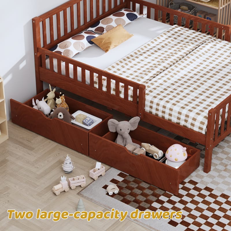 Roomfitters Twin Size Wood Platform Bed with Guardrails and 2 Storage Drawers, Walnut
