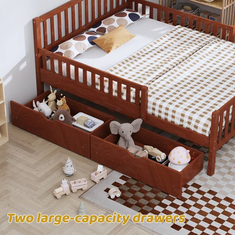 Twin Size Pinewood Platform Bed with Dual Guardrails, 2 Storage Drawers and 300lb Capacity