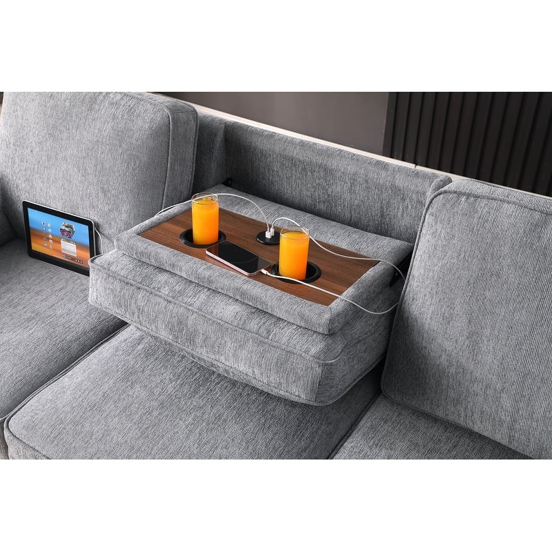 Mackenzie 91"W Chenille Fabric Reversible Sleeper Sectional with Storage Chaise, Drop-Down Table, Cup Holders & Charging Ports
