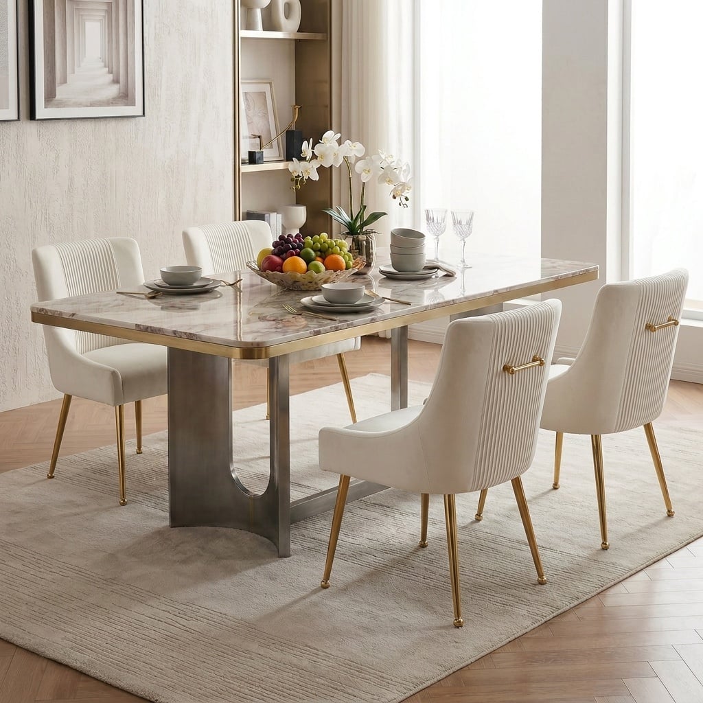 SEYNAR Modern Glam Boucle Pleated Velvet Dining Chair or Vanity Chair Set of 4 with Rear Handle