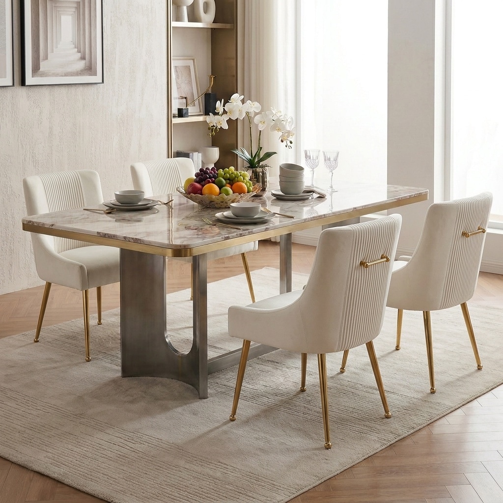 SEYNAR Modern Glam Boucle Pleated Velvet Dining Chair or Vanity Chair Set of 4 with Rear Handle