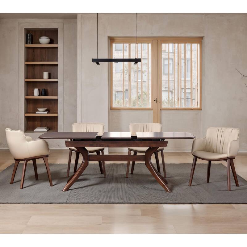 Furniture of America Abigail IV Mid-Century Modern 5-Piece Rich Walnut Solid Wood 79-inch Extendable Dining Set - Beige