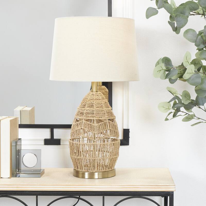 Wicker Wood Handmade Woven Room Table Lamp with Zig Zag Pattern and Gold Base - Brown - Roche River Decor