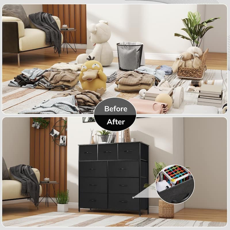 Dresser for Bedroom with 9 Drawers, Anti-Tip Tall Fabric Chests Storage Organizer Tower Furniture with Wooden Top Metal Frame