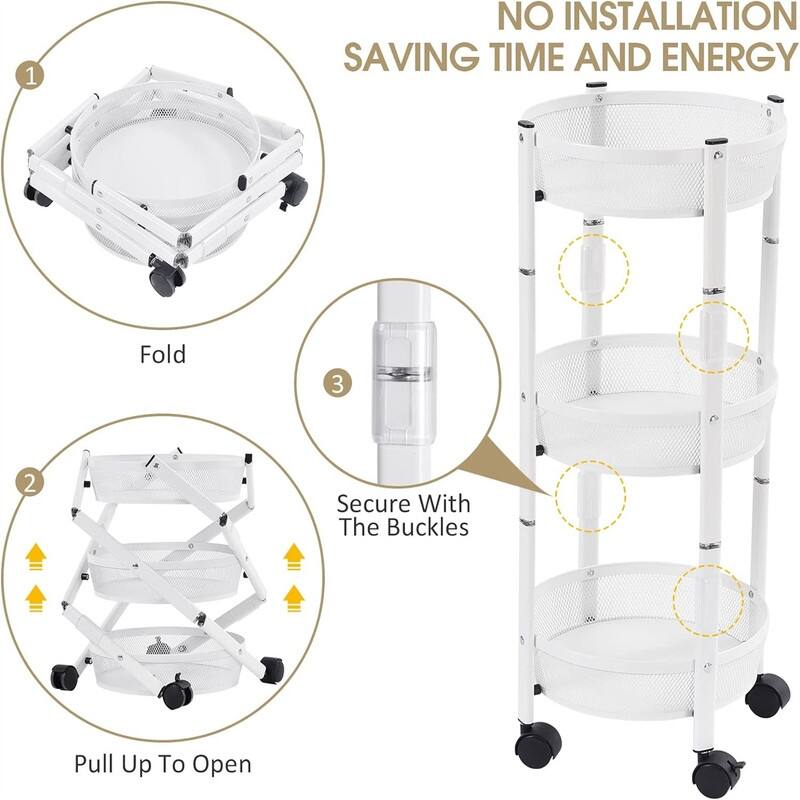 3 Tier Metal Storage Rolling Cart Foldable Utility Cart - 11.02"D x 11.02"W x 28.3"H