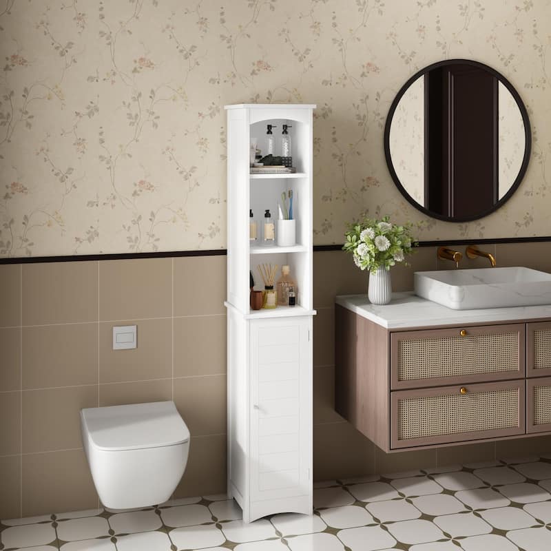 64.17"Tall Bathroom Storage Cabinet with Adjustable Shelves,Slim 1 Doors Freestanding Cabinet with Anti-Tip, Open compartments