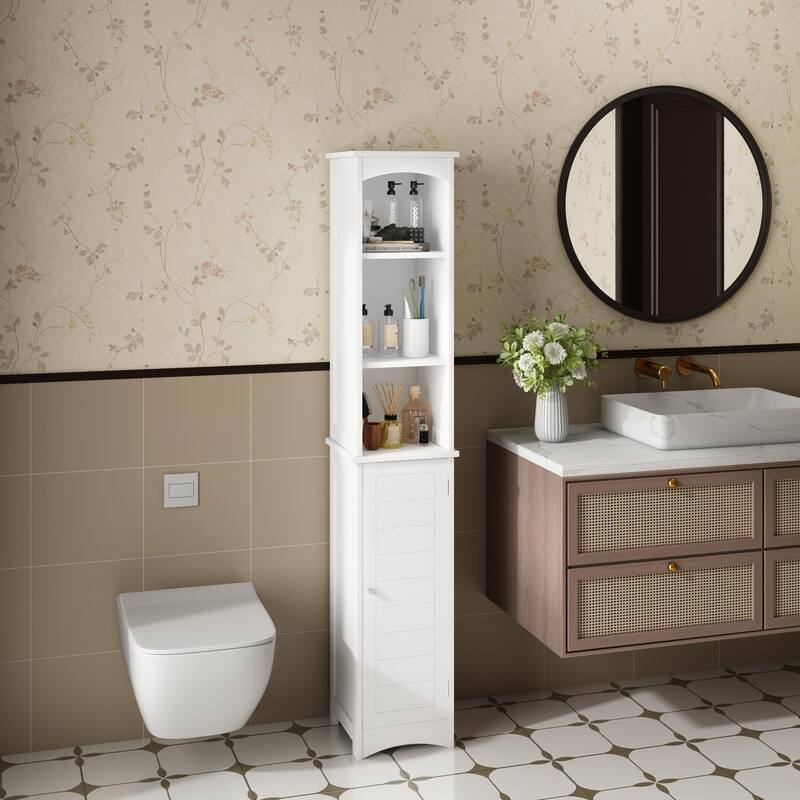 Anmytek Tall Bathroom Storage Cabinet with Reversible Door White Narrow Linen Tower Floor Organizer for Small Spaces