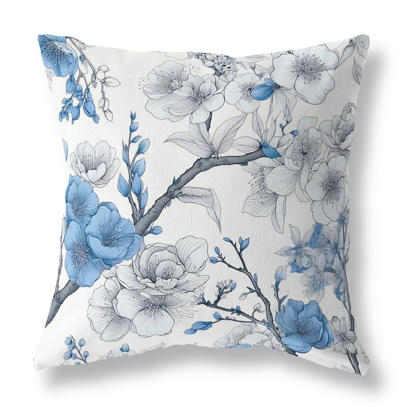 White And Blue Petal Poetry Indoor/Outdoor Throw Pillow Zipper
