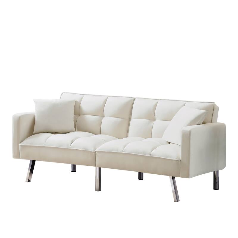 Velvet Futon Sofa Bed with Two Pillows, Convertible Sleeper Sofa Couch with 3 Angle Adjustable Backrest, Modern Loveseat