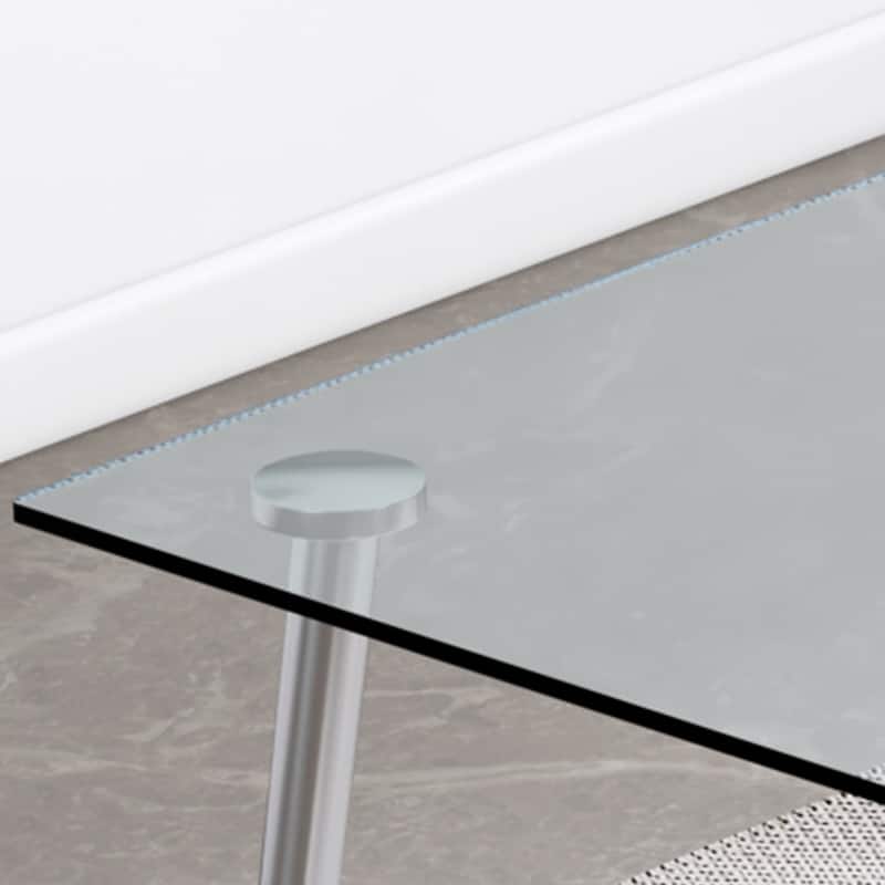 Modern Minimalist Rectangular Glass Dining Table for 4-6 with 0.31" Tempered Glass Tabletop and Silver plating Metal Legs