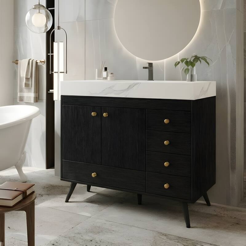 36" Freestanding Bathroom Vanity with Faux Marble Top, Ceramic Sink, 5 Drawers & Stainless Steel Legs