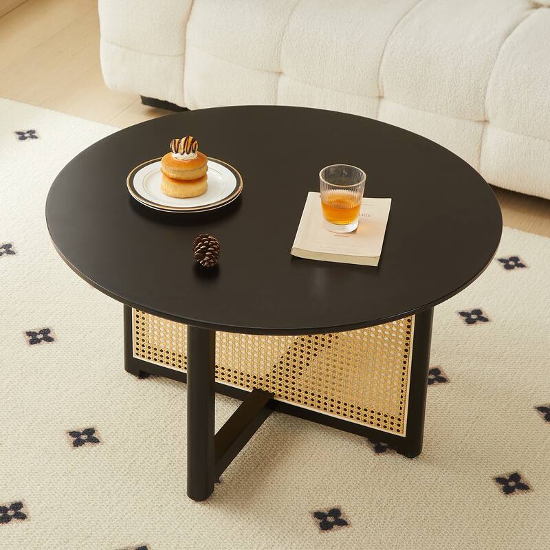Mid Century Wooden Coffee Table Bohemian Style Coffee Table with Solid Wood and Frame Rattan Stand, for Living Room