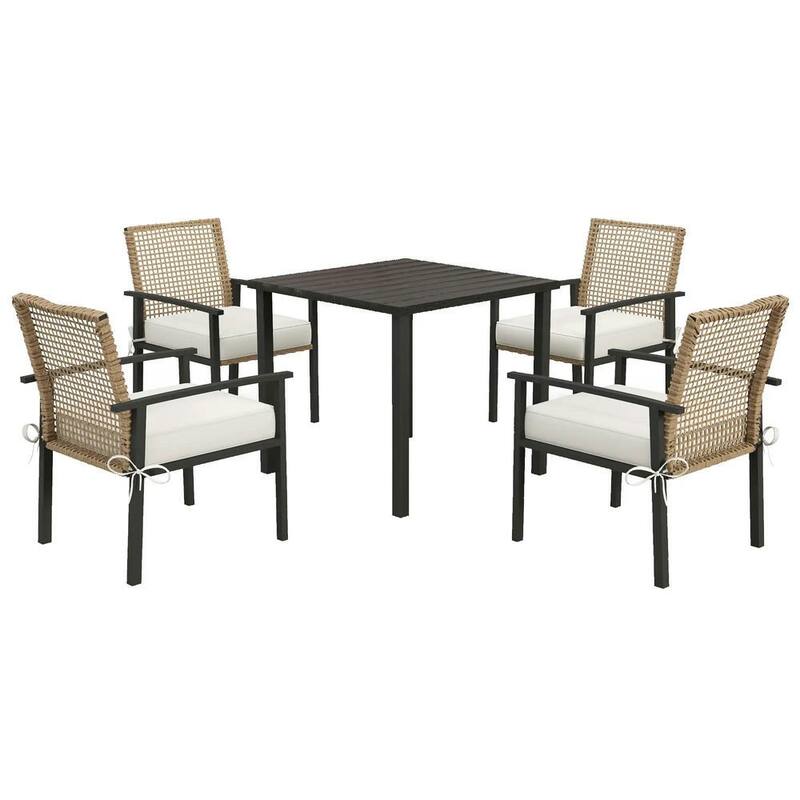 5-Piece Outdoor Dining Set for 4, Wicker Chairs, Cushions, Metal Table