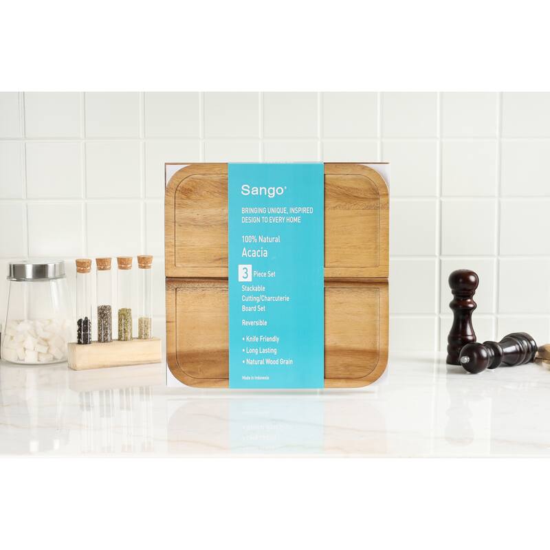 Sango Atelier Acacia Wood 3-Piece Stackable Cutting Board Set- Small & Large Kitchen Chopping Boards for Meat & Vegetables