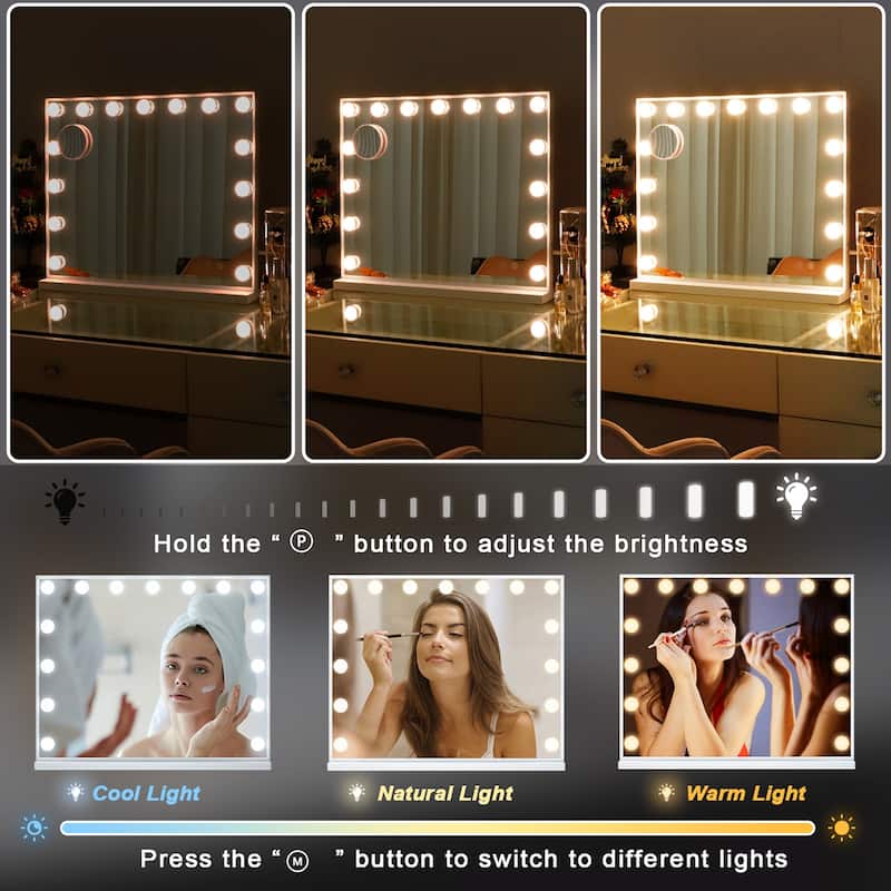 Makeup Mirror with 15 Dimmable LED Bulbs 3 Colors Lights & USB Charge Port, Slim Metal Frame Design, Tabletop/Wall