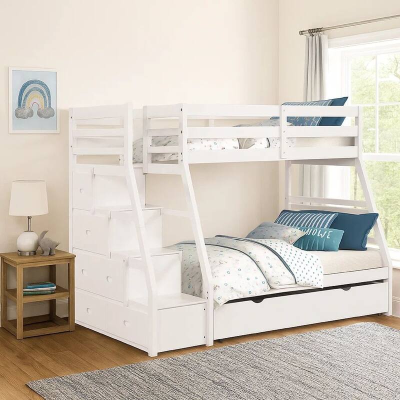 Ellon Twin over Full Bunk Bed, Trundle, White Wood, Storage Drawers