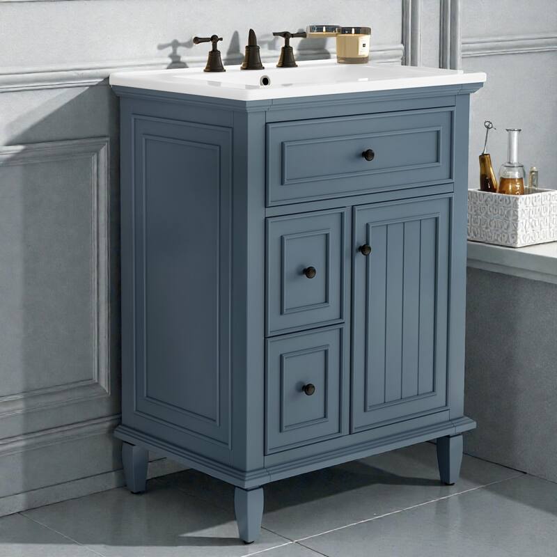 24" Bathroom Vanity with Sink, Flip Drawer & 2 Drawers, Solid Wood Frame, Adjustable Shelf, Ceramic Top