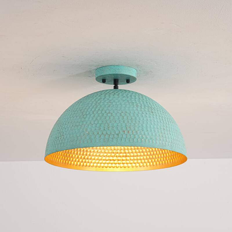 15.7" 1-Light Retro Antiqued Green Hammered Dome Pendant with Gold Interior Hanging Light for Dining Room