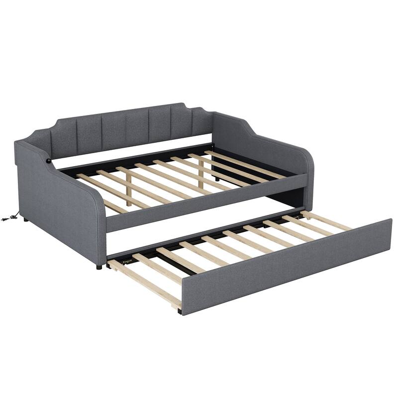 Full Size Upholstered Daybed with Pull-Out Trundle and USB Charging, Gray