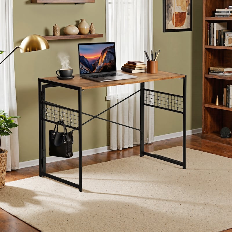 Homylin Folding Writing Desk with Metal Frame, Space-Saving Computer Table, No Assembly Required