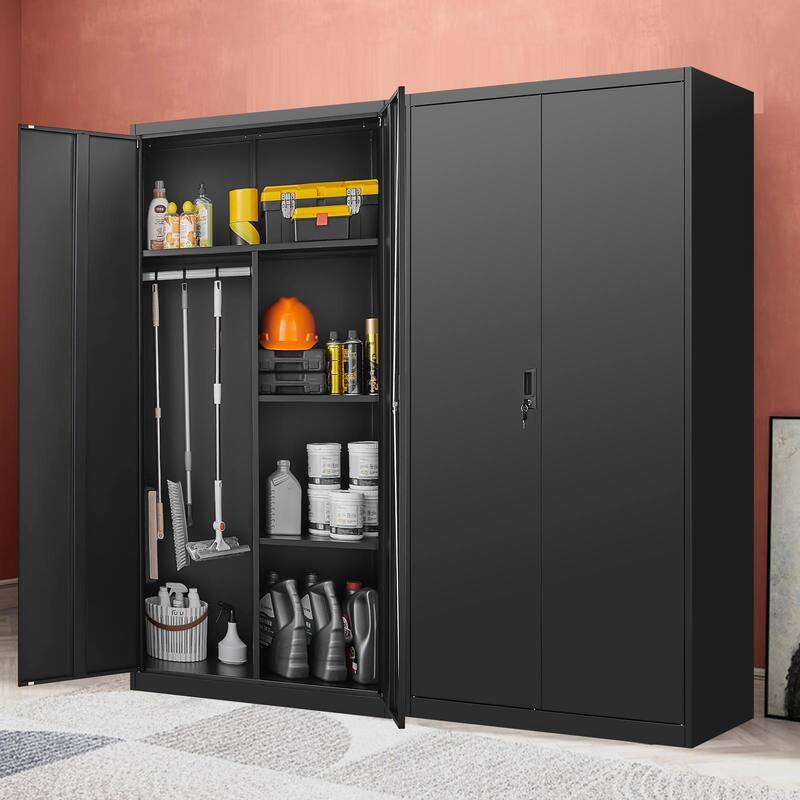 Anmytek Black Lockable Storage Cabinet with Hanging Rod and Adjustable Shelves Secure Wardrobe for Bedroom and Living Room