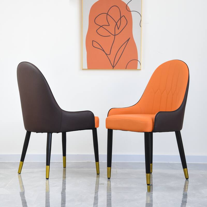 Modern 2 Piece PU Kitchen Dining Chair with Cushion, Solid Wood Metal Feet, Backrest for Dining Room Kitchen Living Room Bedroom - Orange