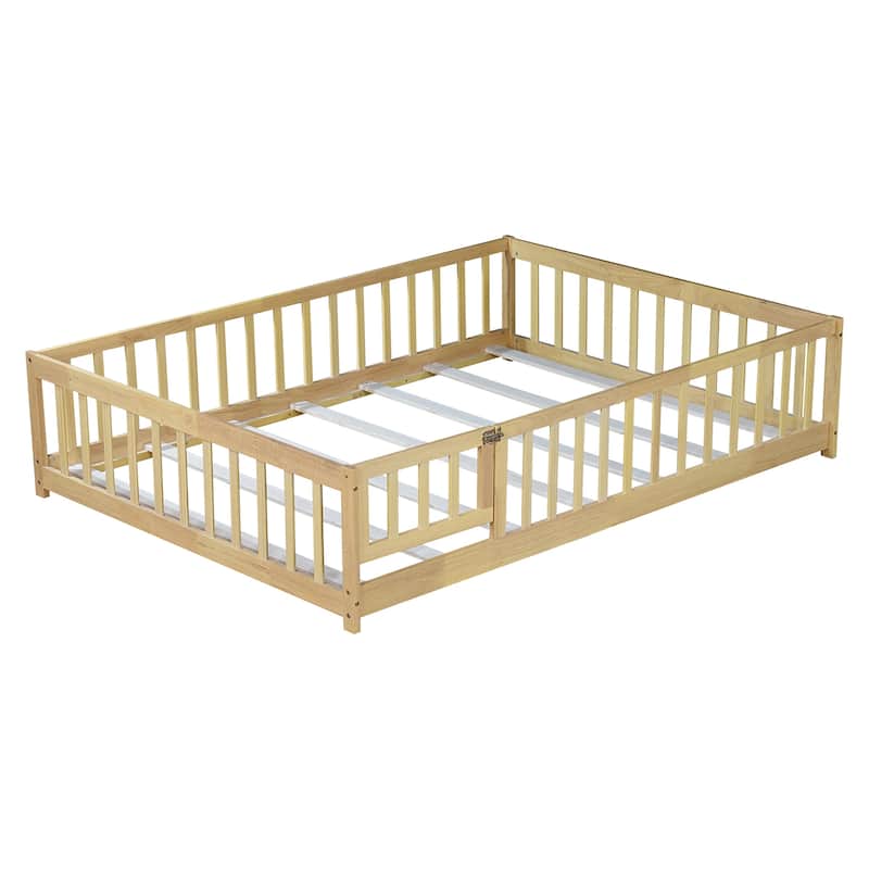 Full Size Floor Bed with Fence and Door,Rubber Wood Floor Bed with Safety Guardrails