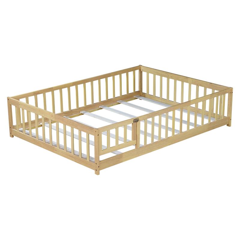 Full Size Rubber Wood Floor Bed with Safety Fence and Door, Natural Finish, Easy Assembly