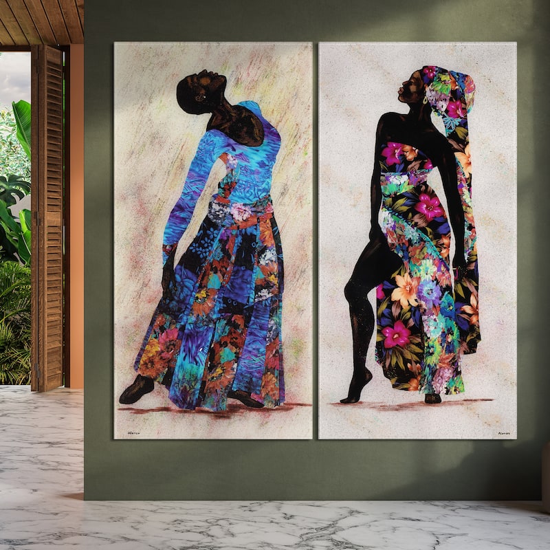 "Her Beauty I & II" Oversized 72"x 36" Frameless Free-Floating Reverse Printed Tempered Art Glass Panels Set
