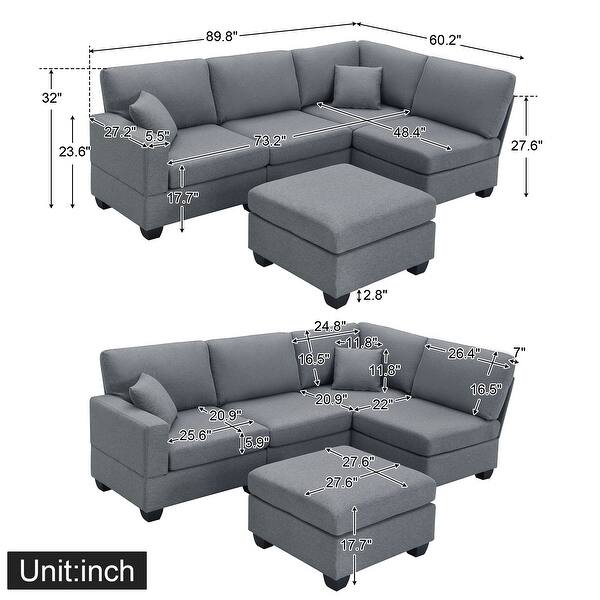 Dark Grey Linen Modular Sectional Sofa Set with Convertible Ottoman and