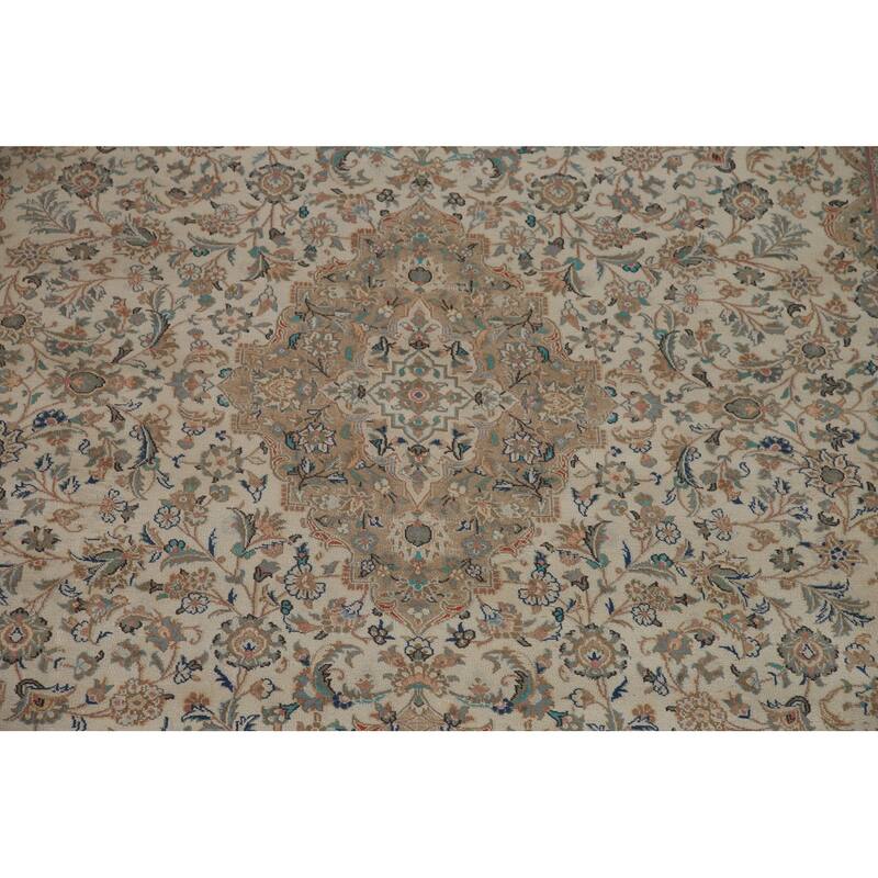 Hand Knotted Oriental 100% Wool Carpet Traditional Floral Beige & Ivories Kashan Area Rug - 12' 8'' X 9' 10''