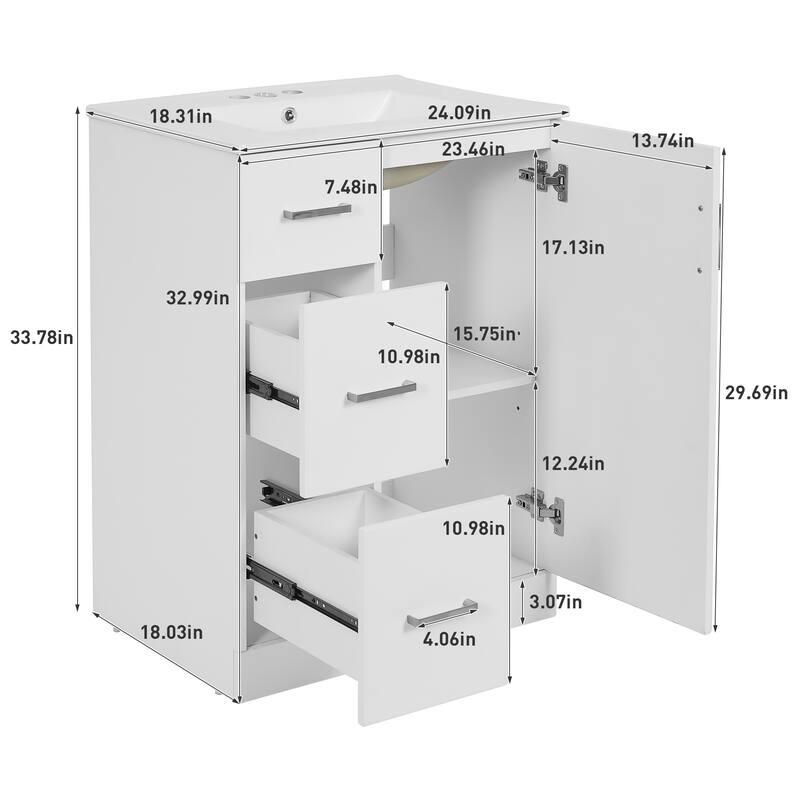 24'' Freestanding Bathroom Vanity with White Integrated Ceramic Sink - 24'' x 18.3'' x 33.78''