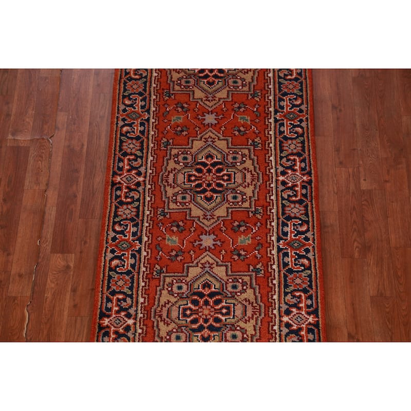 Hand Knotted Oriental 100% Wool Carpet Traditional Geometric Oranges & Rust Heriz (serapi) Runner Rug - 11' 8'' X 2' 6''