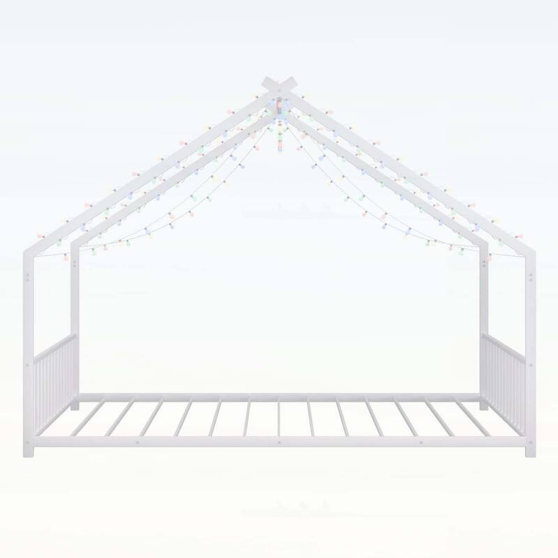 Platform Bed with LED light strips,roof-shaped iron frame,and low profile design for safety and style