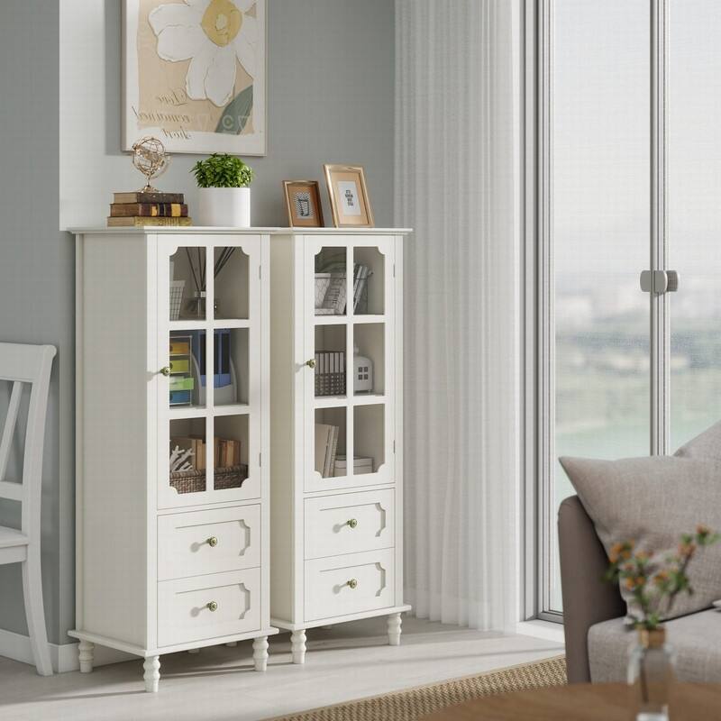 Modern 52.36" Wooden Buffet Cabinet with Glass Doors and Double Drawer for Living room, Dining Room Hallway Entryway