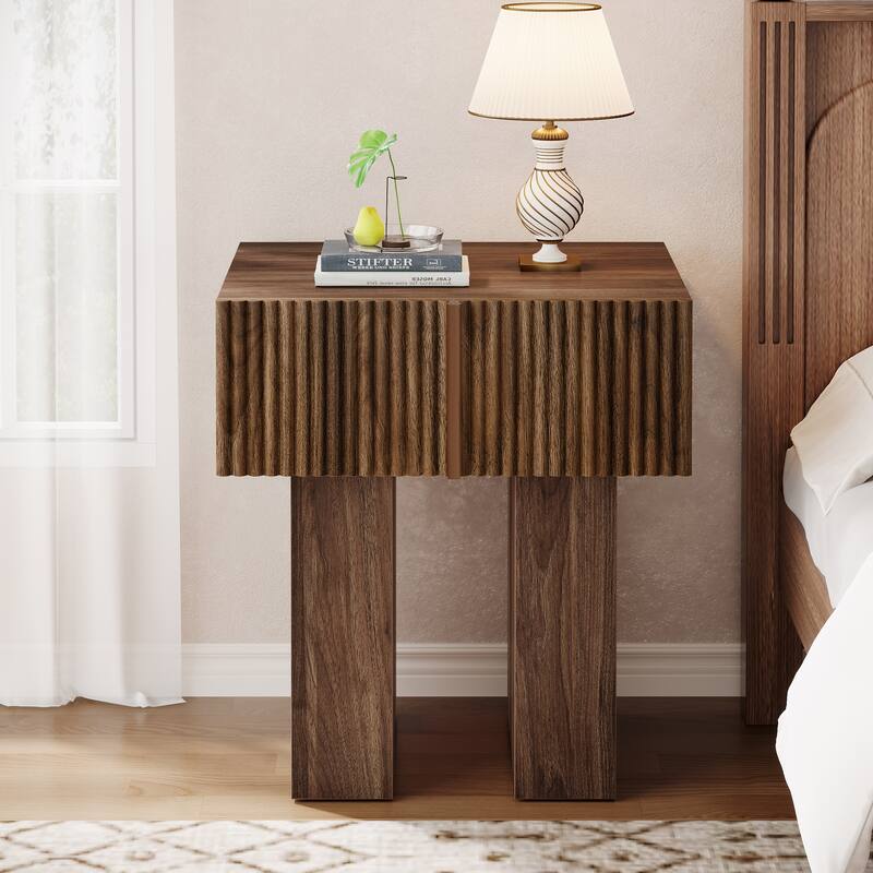 Modern Nightstand, Fluted Night Stand with Storage Drawer for Bedroom, Living Room