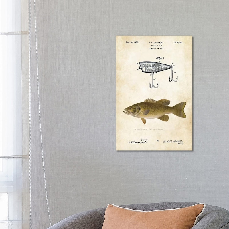 iCanvas "Smallmouth Bass Fishing Lure" by Patent77 Canvas Print - 26x18x1.5