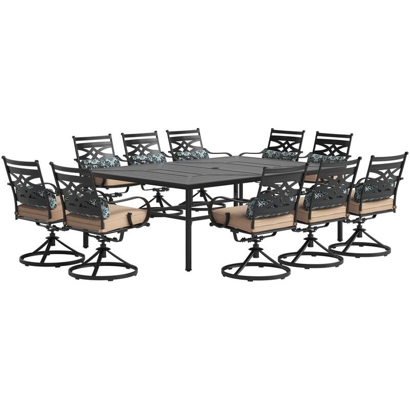 Hanover Montclair 11-Piece Dining Set in Tan with 10 Swivel Rockers and a 60-In. x 84-In. Table
