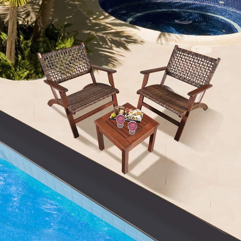 3 Pieces Outdoor Wooden Patio Rattan Furniture Set - Brown