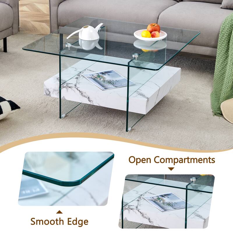Roomfitters Square Glass Coffee Table with Walnut Finish, Two-Tier Modern Accent Table for Compact Spaces