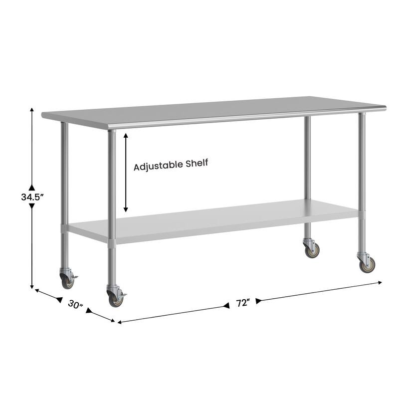 Commercial Stainless Steel 18 Gauge Worktable with Undershelf and Casters