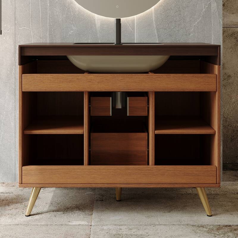 36" Modern Freestanding Bathroom Vanity with Sintered Stone Top, Ceramic Sink & Smart Storage