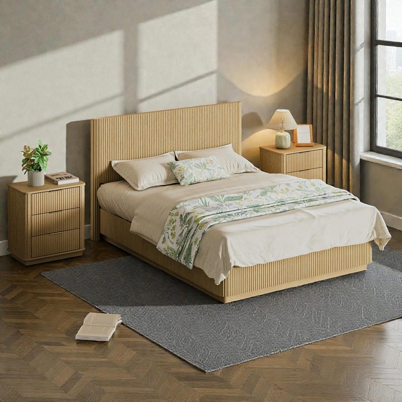 Queen Size Bed Frame with LED Lights, Modern Wooden Bed with Curved Corrugated Panels and Groove Design