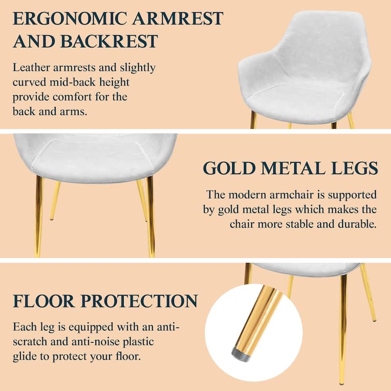 Markley Modern Leather Dining Armchair Set of 2 With Gold Metal Legs Accent Side Chair