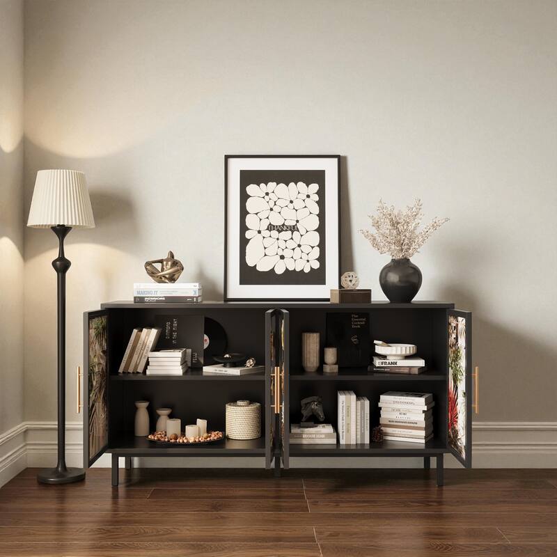 60" Retro Glazed Glass Buffet Cabinet with 4 Doors, Artistic Storage Sideboard for Living Room or Dining Room