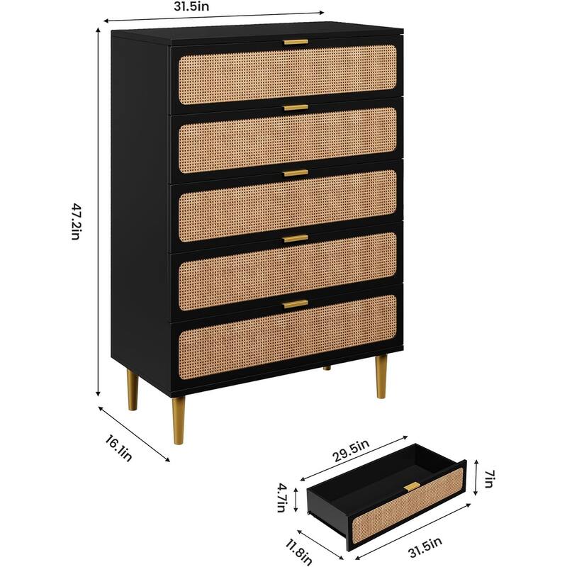 Rattan 5 Drawer Tall Dresser for Bedroom, Large Chest with Deep Drawers and Wide Top for Closet or Hallway