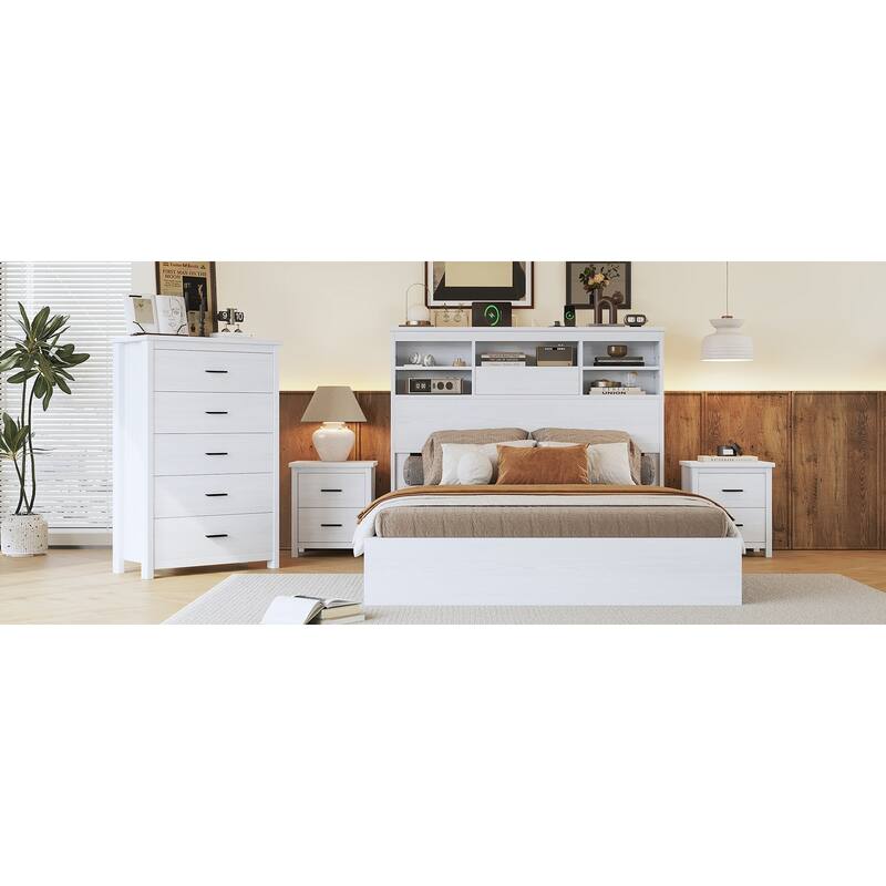 Queen Size MDF Platform Bed with USB Charging Stations And Compartment Headboard