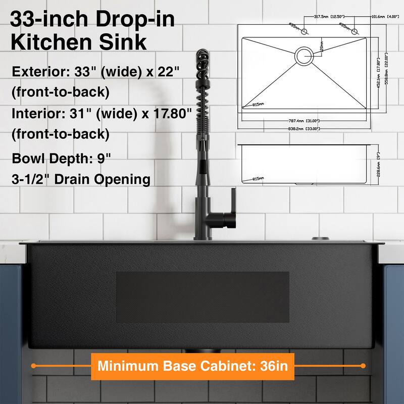 33 inch Drop-in Single Bowl Kitchen Sink, 18 Gauge Black Stainless Steel Kitchen Sink, Handmade Topmount Sink