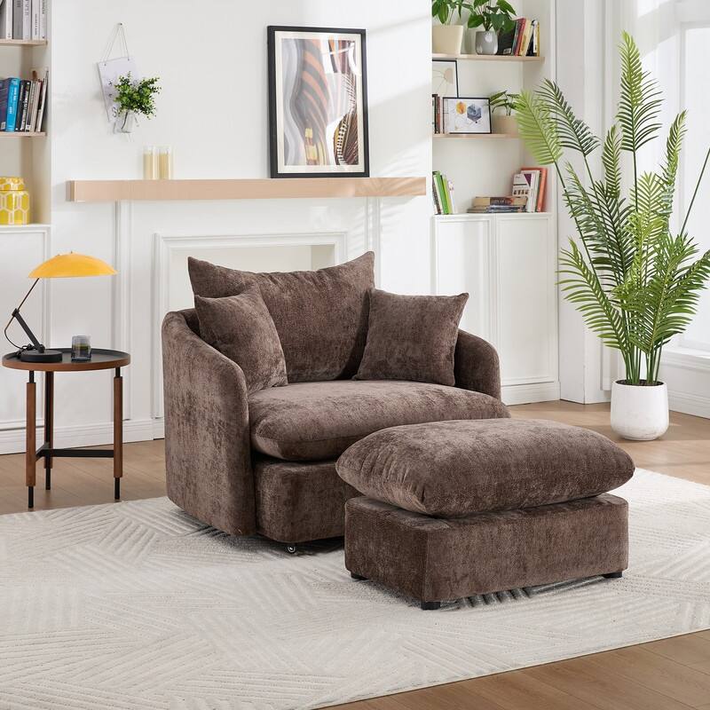 46" Chenille Upholstered Oversized Swivel Armchair With Ottoman